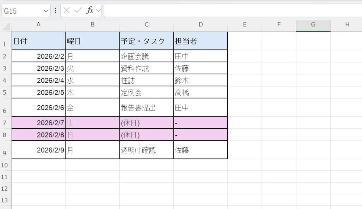 WEEKDAY関数の種類に「2」を指定すると、月曜が1、土曜が6、日曜が7とカウントされます。