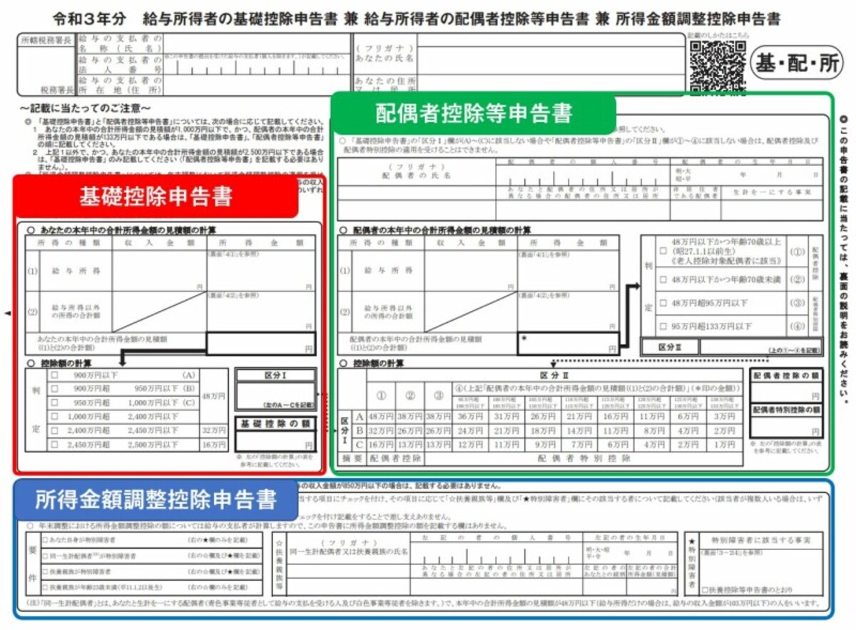 配偶者控除等申告書,基礎控除申告書,所得金額調整申告書,令和3年,2021年