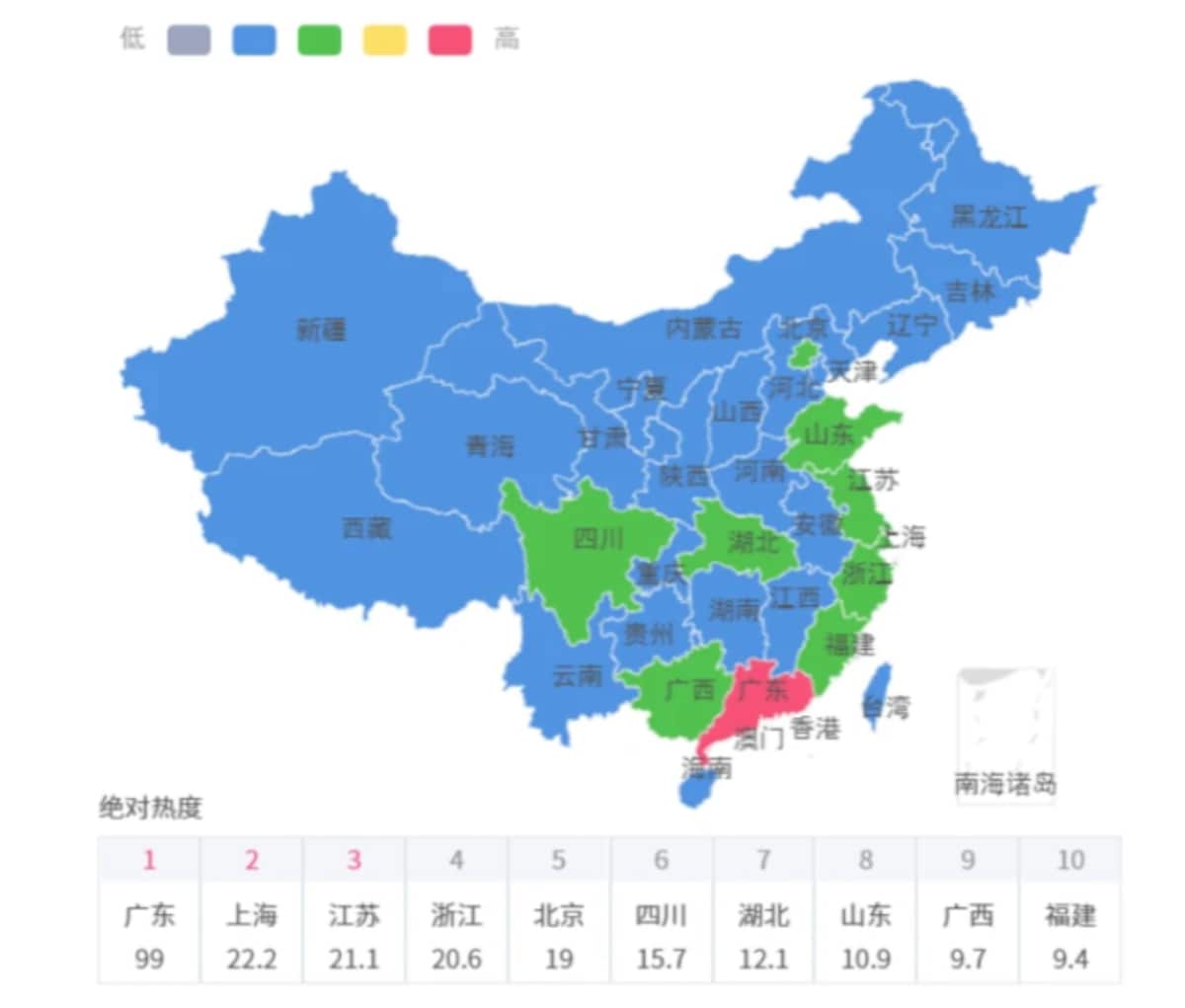 『白蛇伝·情』上映後のヒット度（地域別） 出典：「识微商情」（ネット世論ビッグデータ分析プラットフォーム）