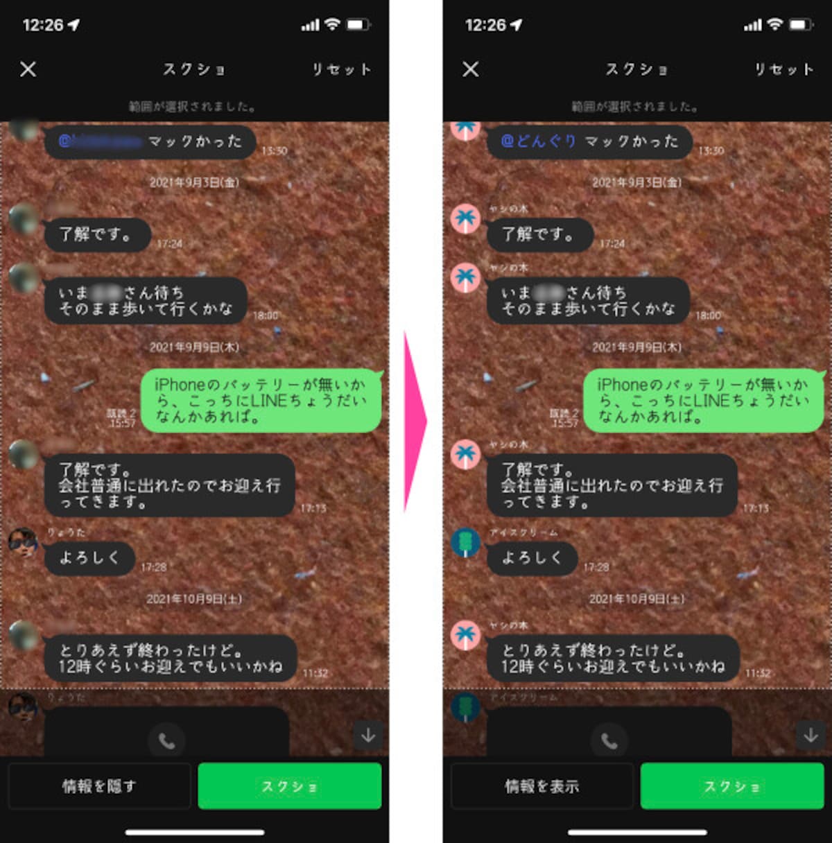 「情報を隠す」を押す。「アイコン画像」や「表示名」のほか、「メンション」した時の相手のアカウント名もダミーの名前へ変更される。