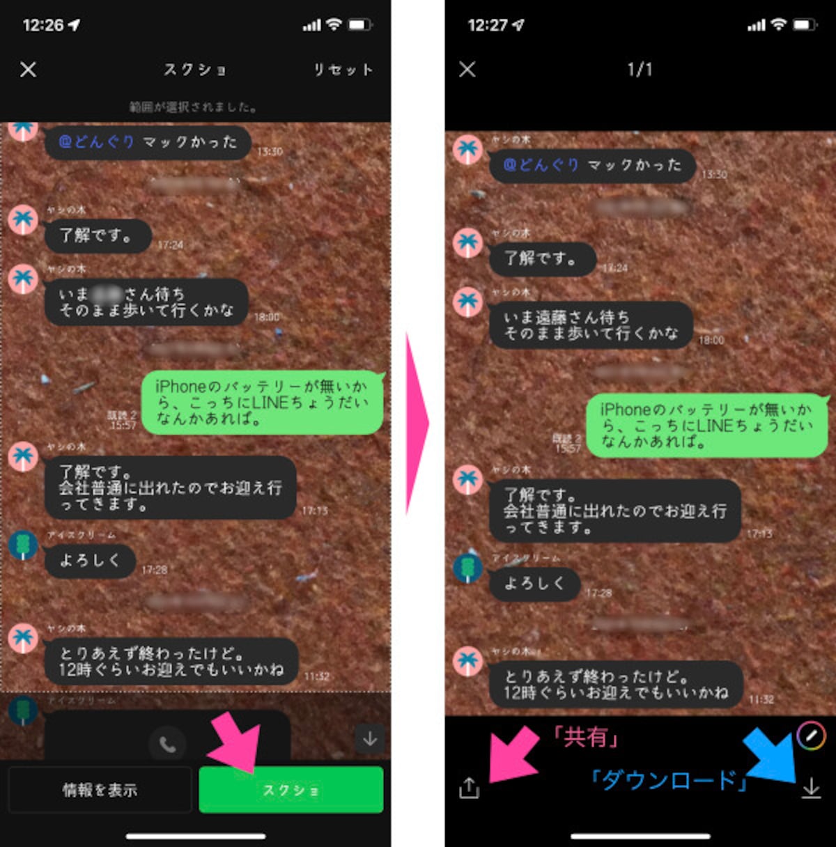 「スクショ」をタップ。「共有」するか、「ダウンロード」するかを選択する。