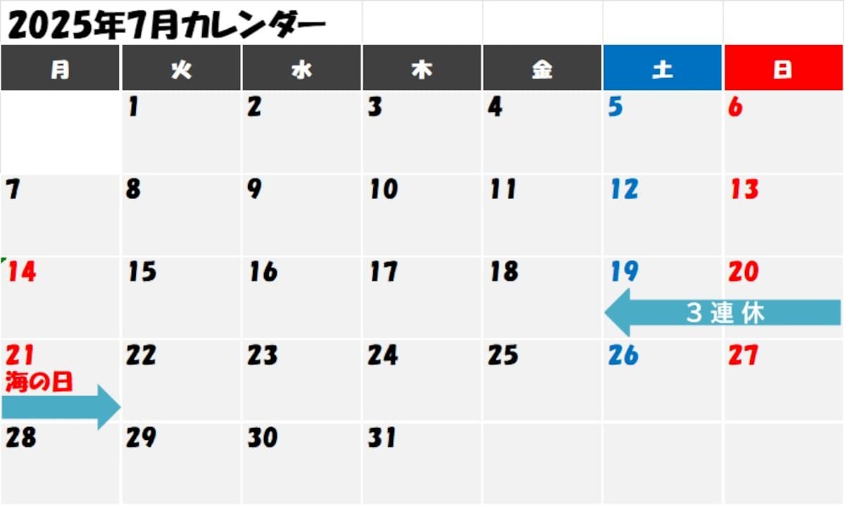 【2025年7月カレンダー】７月の祝日は21日（月・祝）「海の日」。3連休に絡めて夏休みをとる方法も