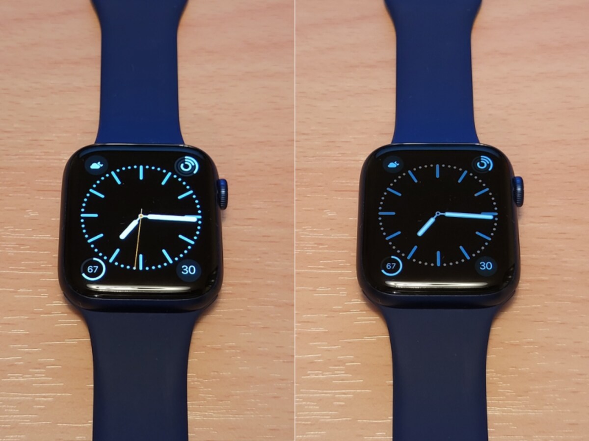 Apple Watchの常時点灯例（Apple Watch Series 6）。左が通常点灯時、右が常時点灯モード。