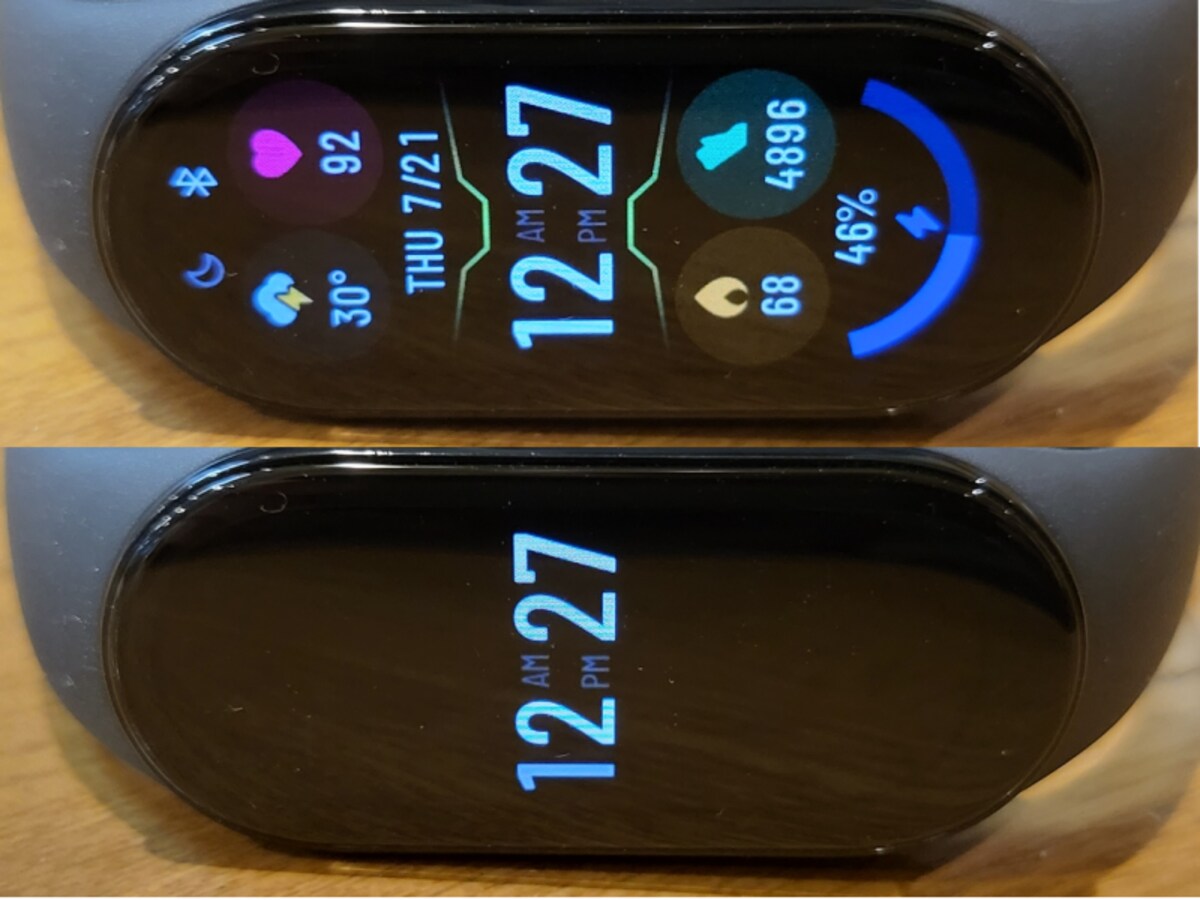 Xiaomi Smart Band 7の常時点灯例。上が通常点灯時、下が常時点灯モード。