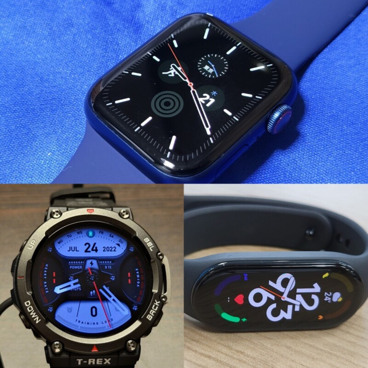 画面上部がApple Watch Series 6、下部左がAmazfit T-Rex 2、下部右がXiaomi Smart Watch 7