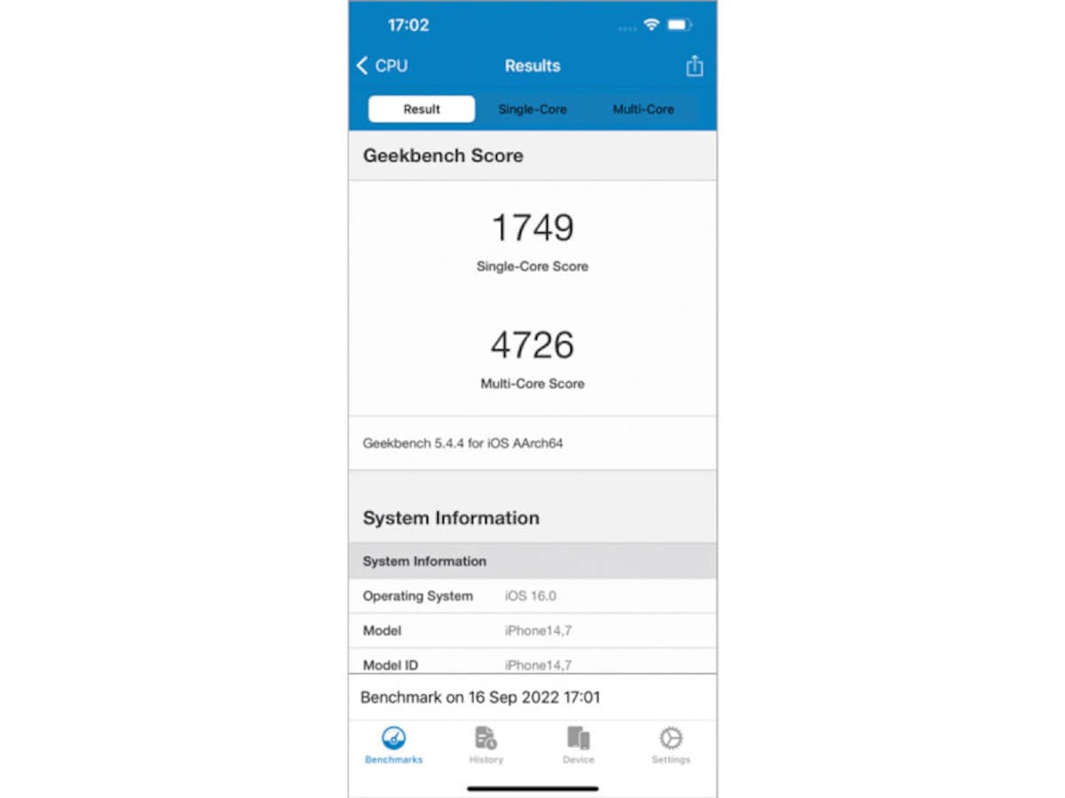 iPhone 14の「GeekBench 5」のCPUベンチマークの結果