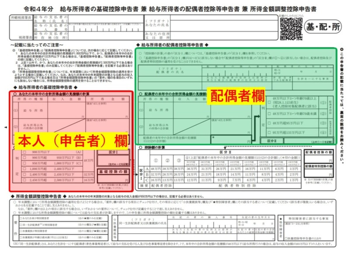 基礎控除、本人欄、配偶者欄