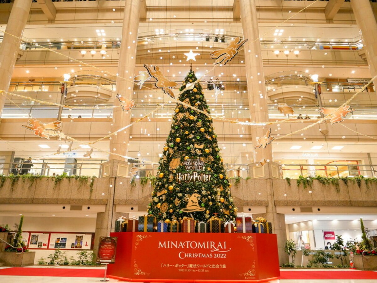 ランドマークプラザ 1階 サカタのタネ ガーデンスクエアに設置された「ハリー・ポッター」ホグワーツ 魔法の樹（クリスマスツリー）（2022年11月10日撮影）