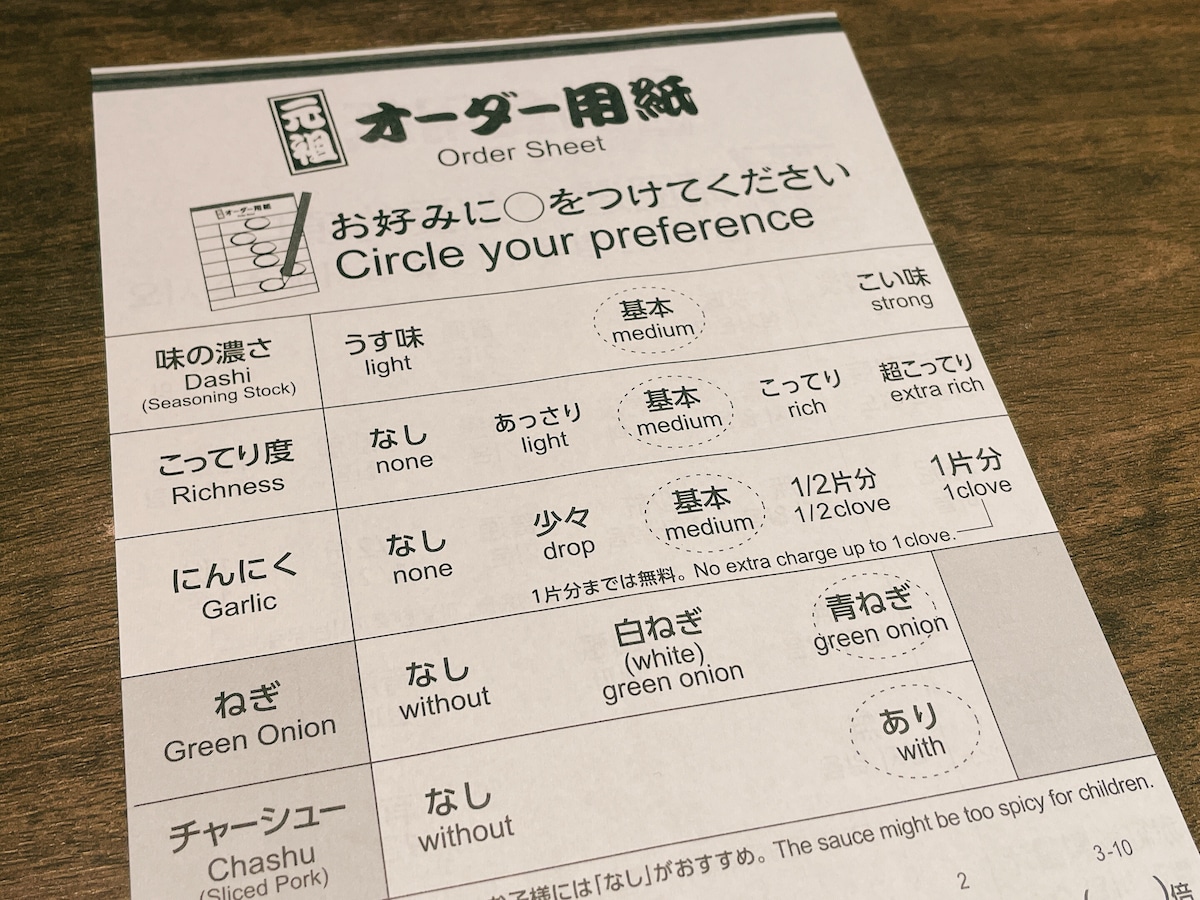 項目は細かいものの、丸を付けるだけで簡単に注文できるのが魅力