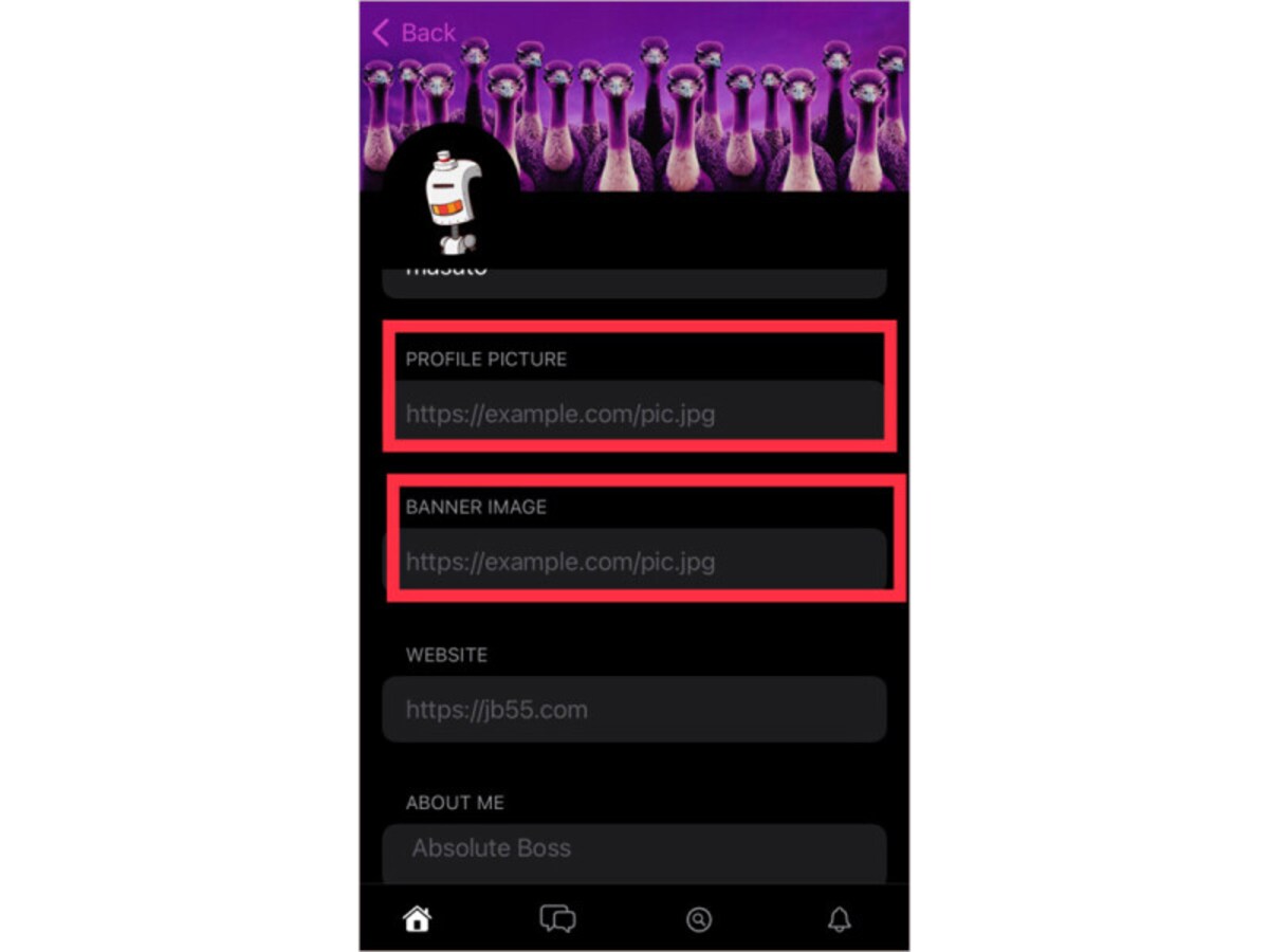 「PROFILE PICTURE」にプロフィール画像のURLを、「BANNER IMAGE」にバナー画像のURLを入力し、「Save」をタップ