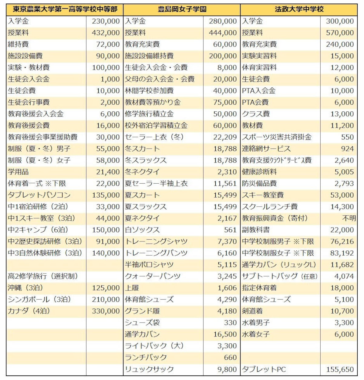 私立中学,費用