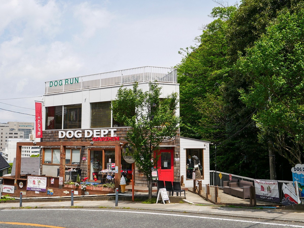 DOGDEPT 港の見える丘公園店 外観。店舗横にはドッグランやフォトスポットが設置されています。