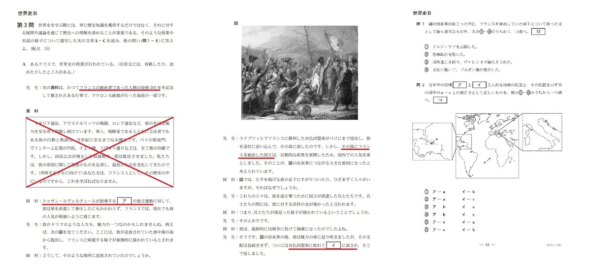 2023年度大学入学共通テスト世界史Bの第3問A「ナポレオンとルイ18世に関する問題」（赤線は筆者による）