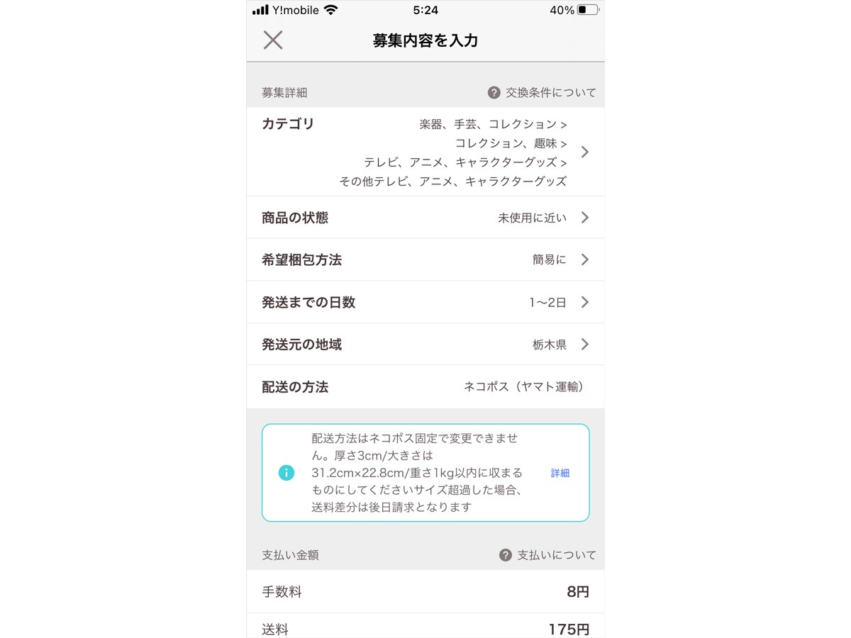 カテゴリ、商品の状態、機能梱包方法、発送までの日数、配送元の地域を選択