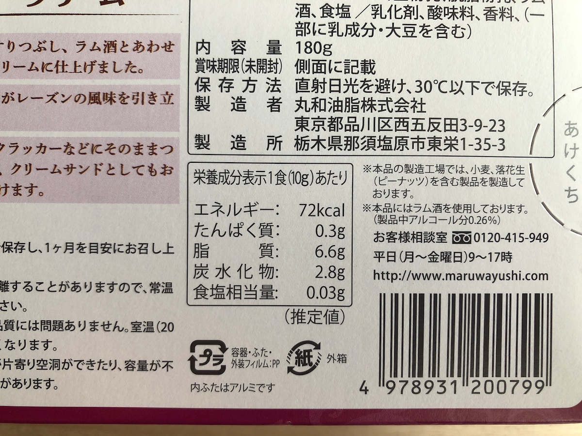 業務スーパーの「レーズンクリーム」のカロリー・栄養成分表示