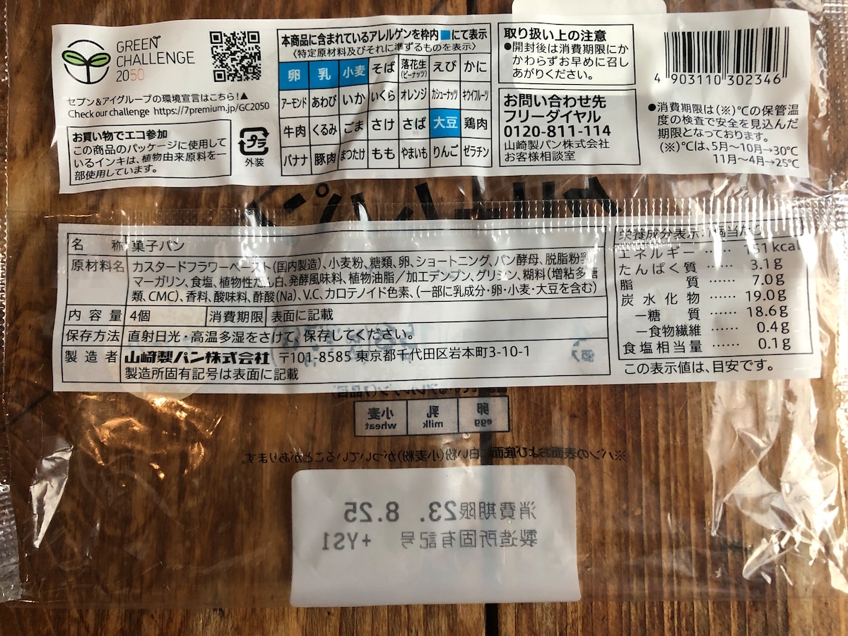 セブンイレブンの「クリームパン」の原材料・カロリー