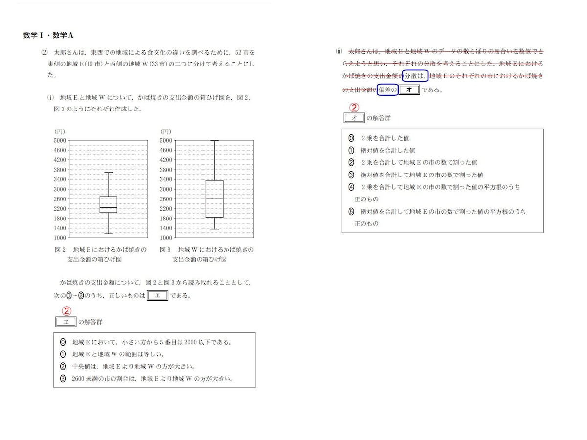 2023年度大学入学共通テスト数学IAの第2問(2)「オ．分散について答える」問題（※青線の囲みと赤線は筆者による）