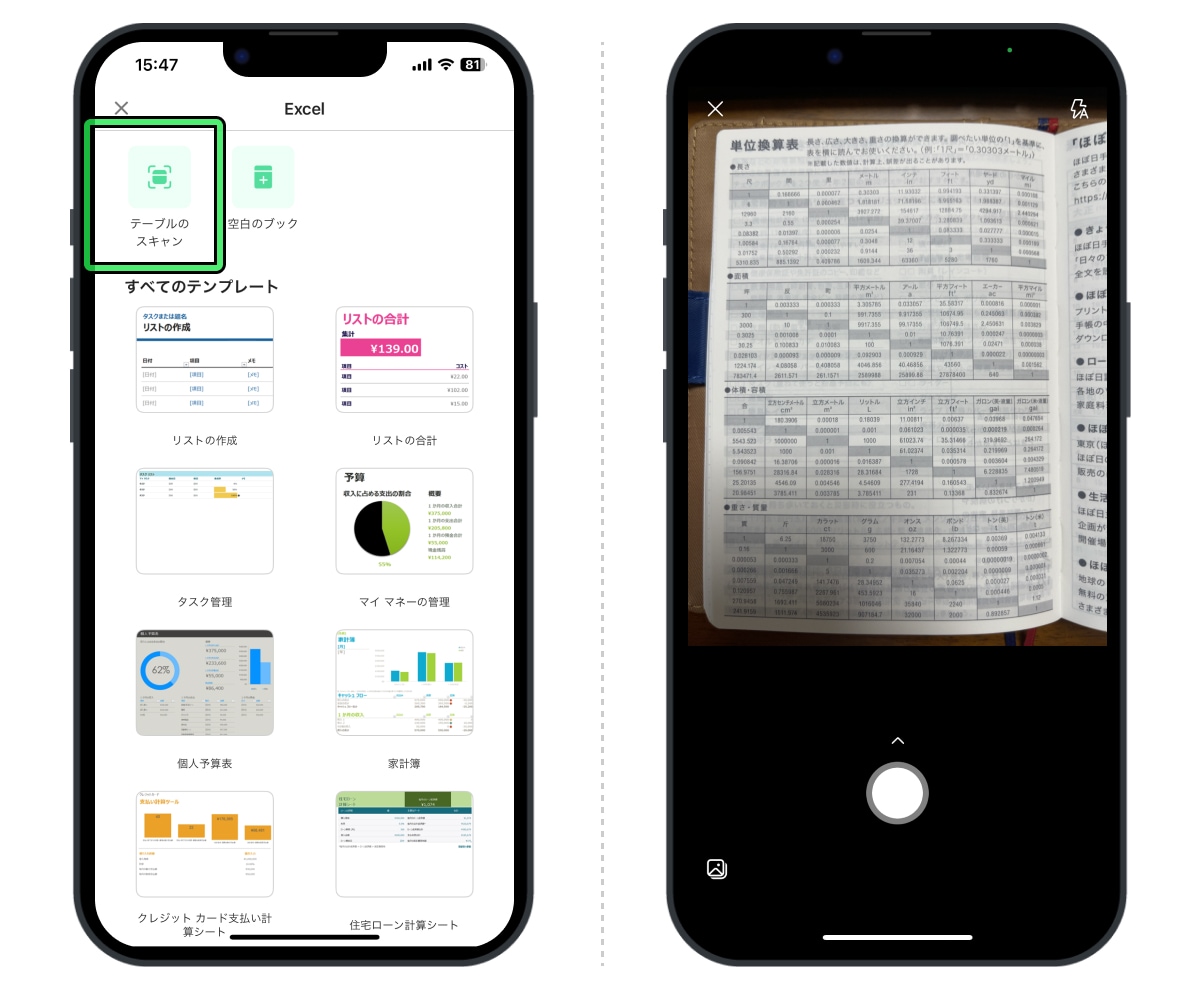 「テーブルのスキャン」を選択すると、iPhoneのカメラが起動する