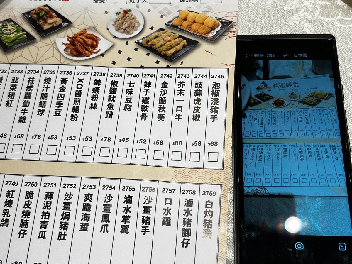 カメラによる翻訳例（メニュー）