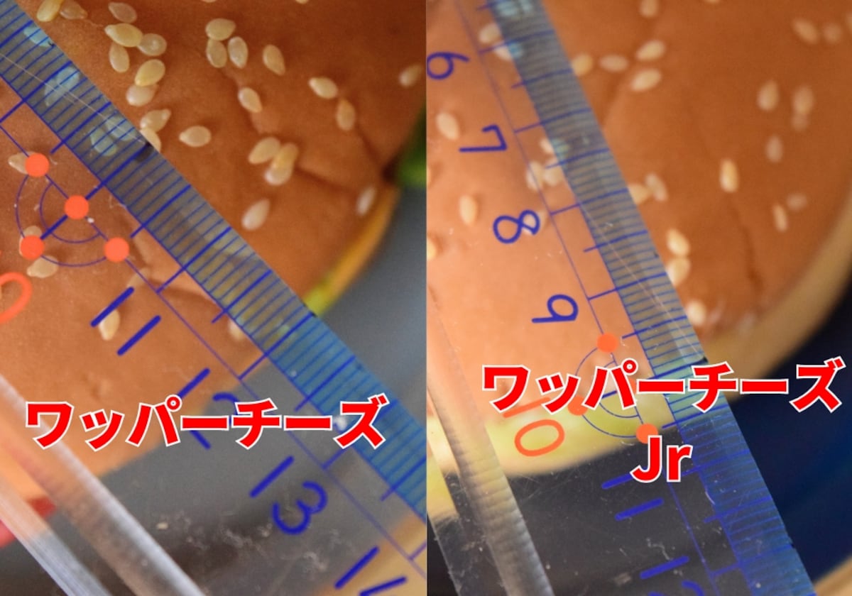バンズの直径は「ワッパーチーズ」が約12cmで「ワッパーチーズジュニア」は約9.5cm