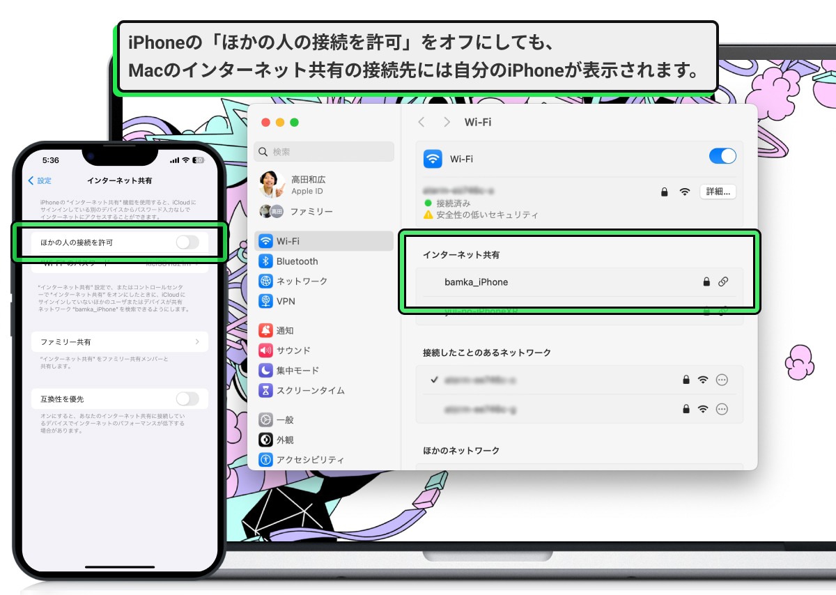 「ほかの人の接続を許可」をオフにしても、同じAppleIDでログインしているApple製品ならテザリングできる