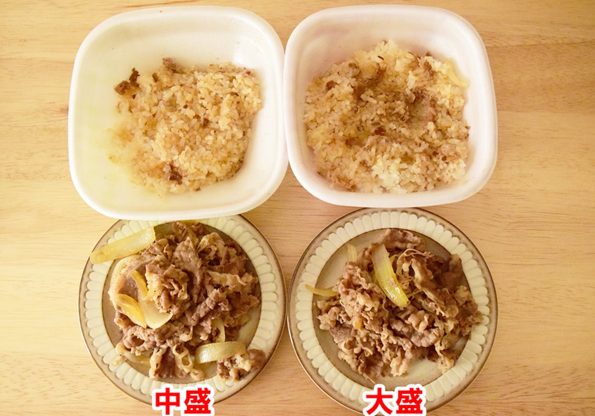 中盛はお肉の量が多くてごはんは少なめ、一方の大盛はごはんが多いものの肉の量は中盛よりも少なくみえます。