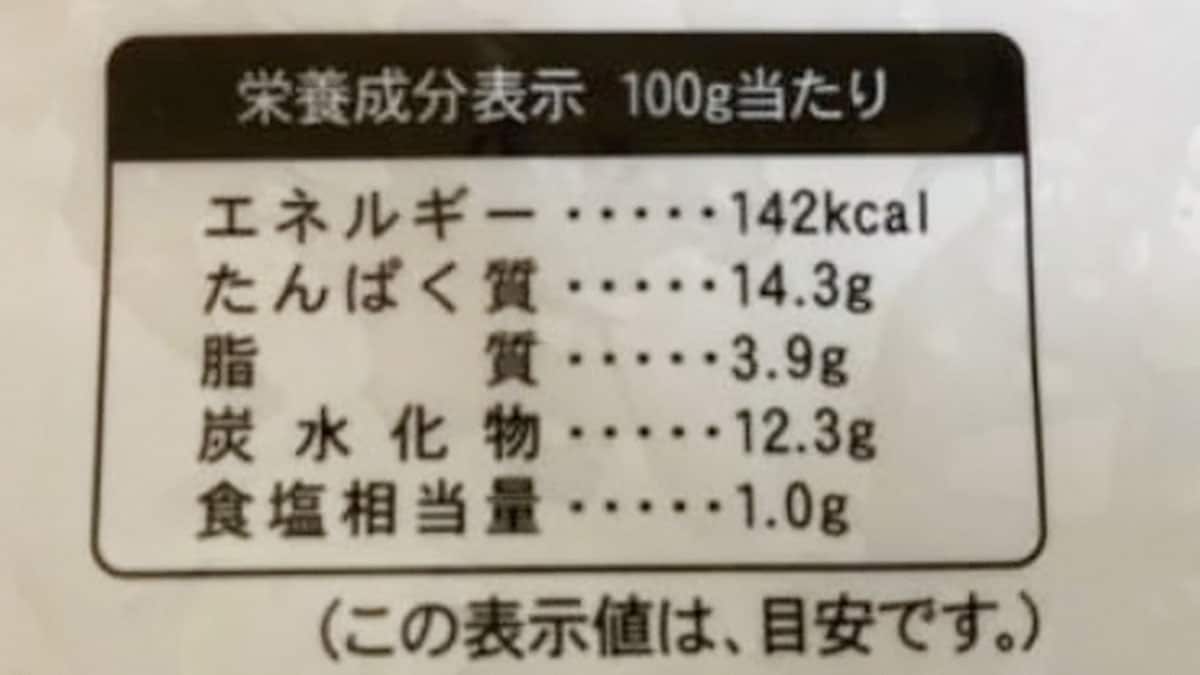 100gあたり、142kcal・たんぱく質14.3g・脂質3.9g ・炭水化物12.3g ・食塩相当量1.0gです。