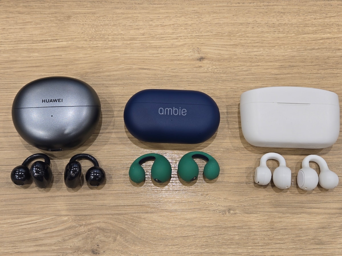 イヤーカフ型イヤホン(左からHUAWEI FreeClip、ambie sound earcuffs AM-TW02、cheero Wireless Open Earphones Smart)