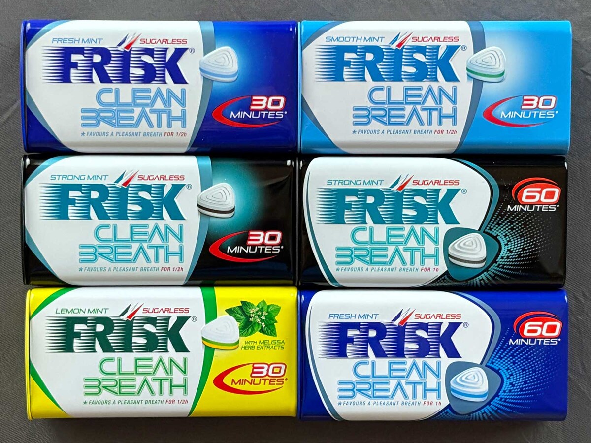 クラシエ「FRISK CLEAN BREATH」の旧パッケージ。左列上・中2017年、左列下2019年、右上2020年、右中・下2022年。