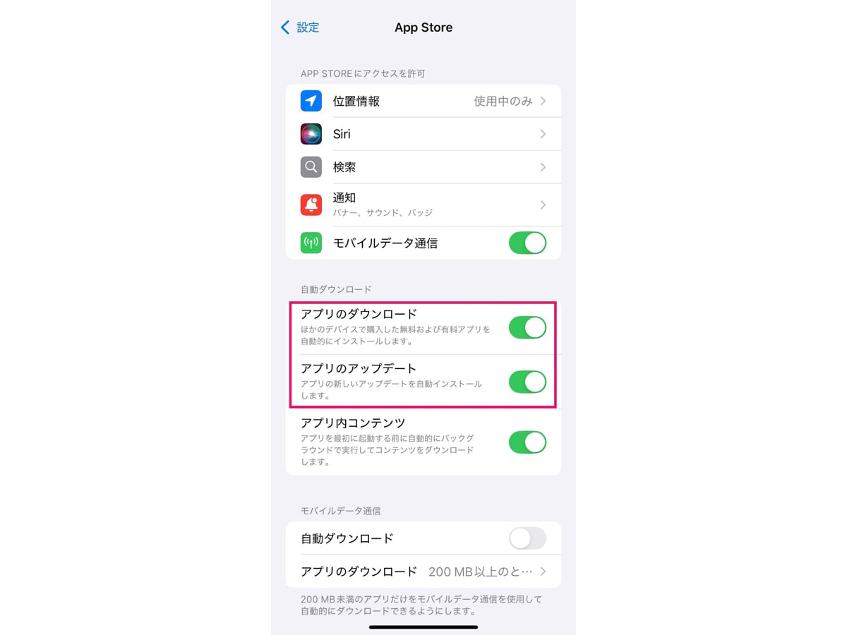 「アプリのダウンロード」と「アプリのアップデート」をオンにする