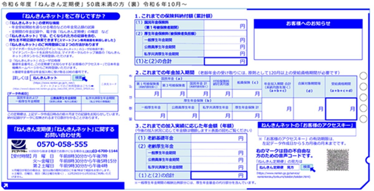 出典：ねんきん定期便（ハガキ）サンプル　50歳未満