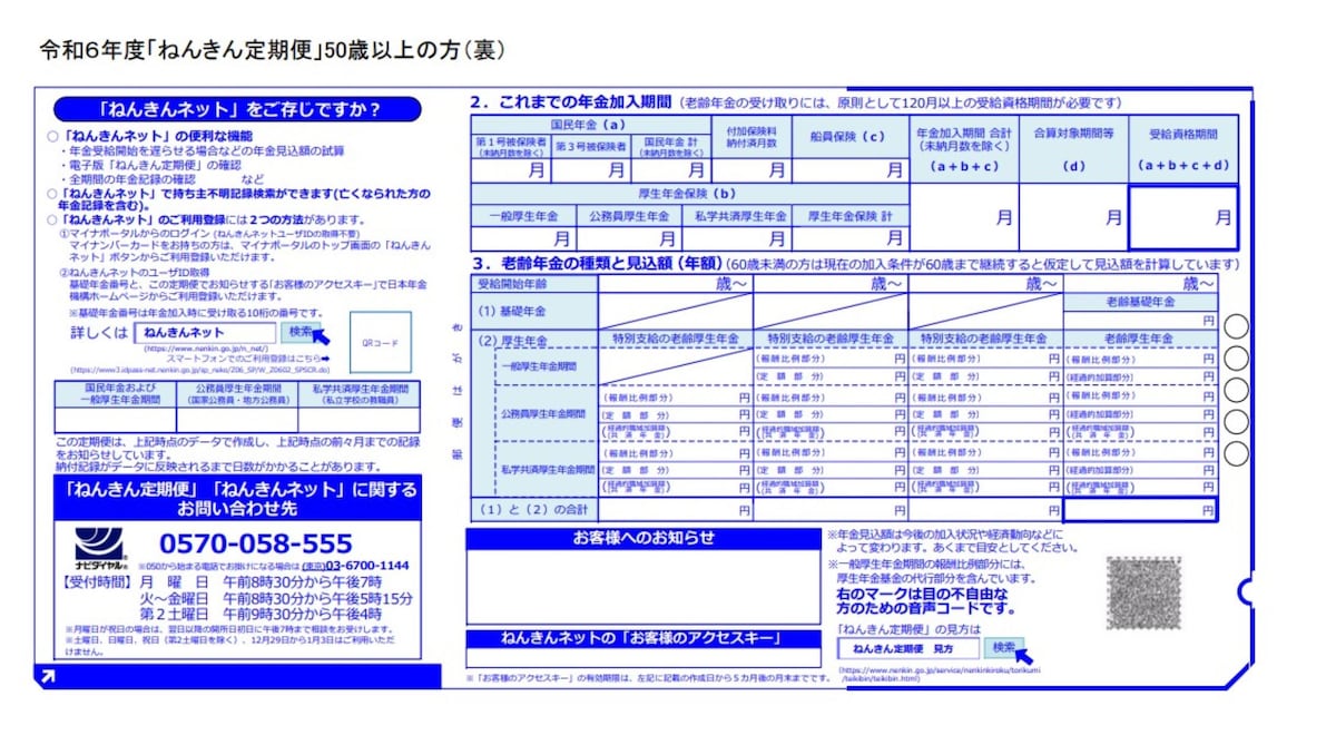 出典：「ねんきん定期便」50歳以上（裏）