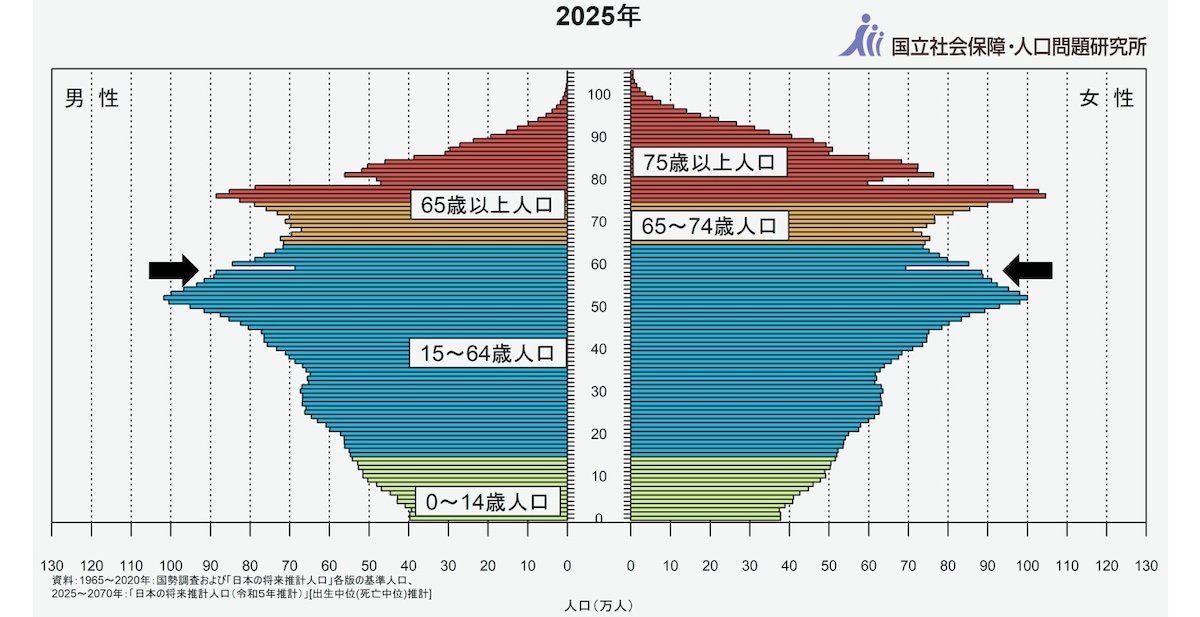2025年の人口ピラミッド（国立社会保障・人口問題研究所の画像をAll About編集部が一部加工）