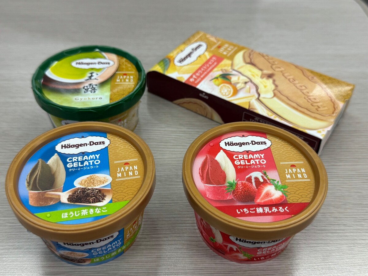 「JAPAN MIND」シリーズ。手前のクリーミージェラート2種と「玉露」が現在発売中。右奥のクリスピーサンド「ゆずホワイトショコラ」は8月19日より発売予定