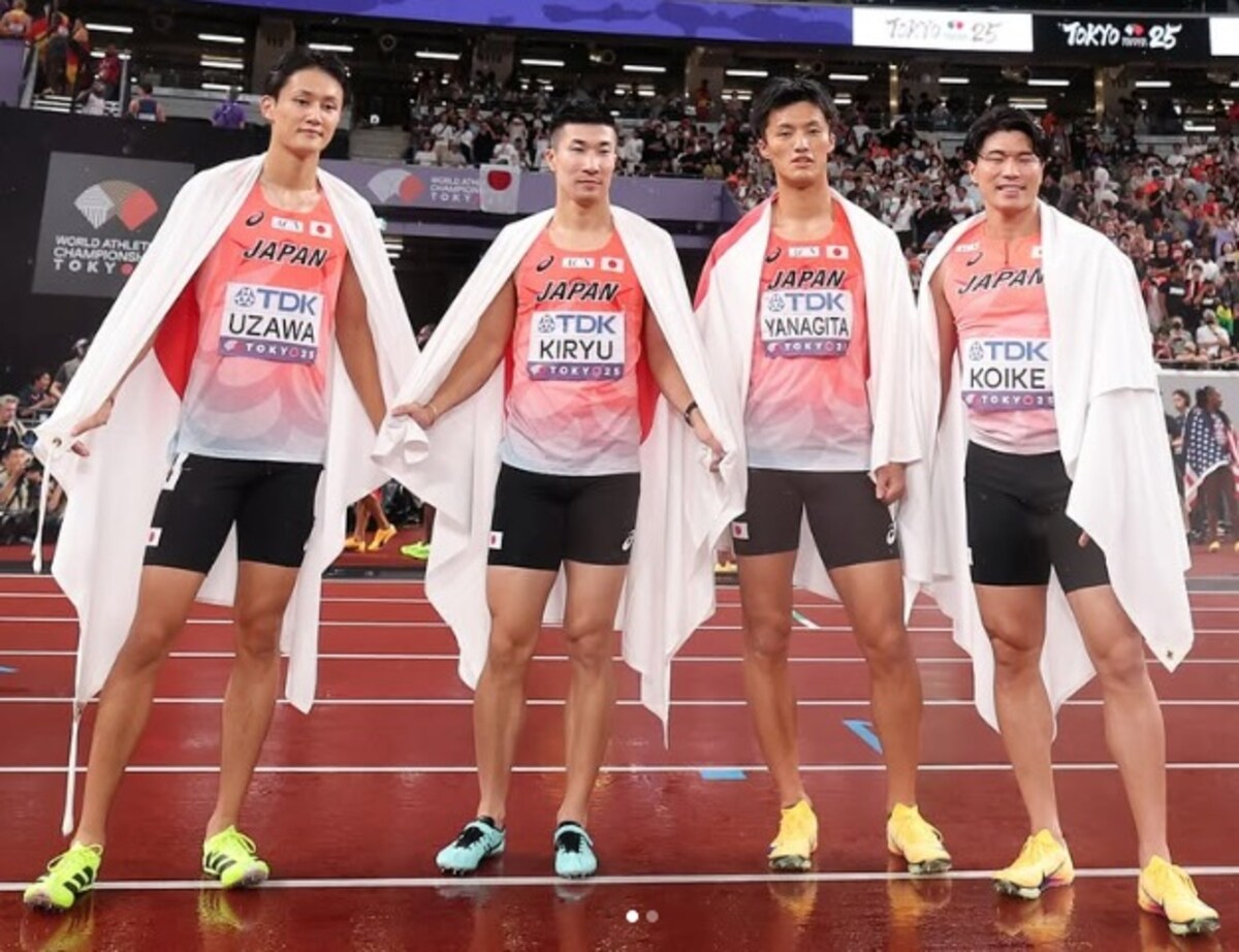 4×100mリレー決勝で走り終えた日本代表※画像:桐生選手のInstagram