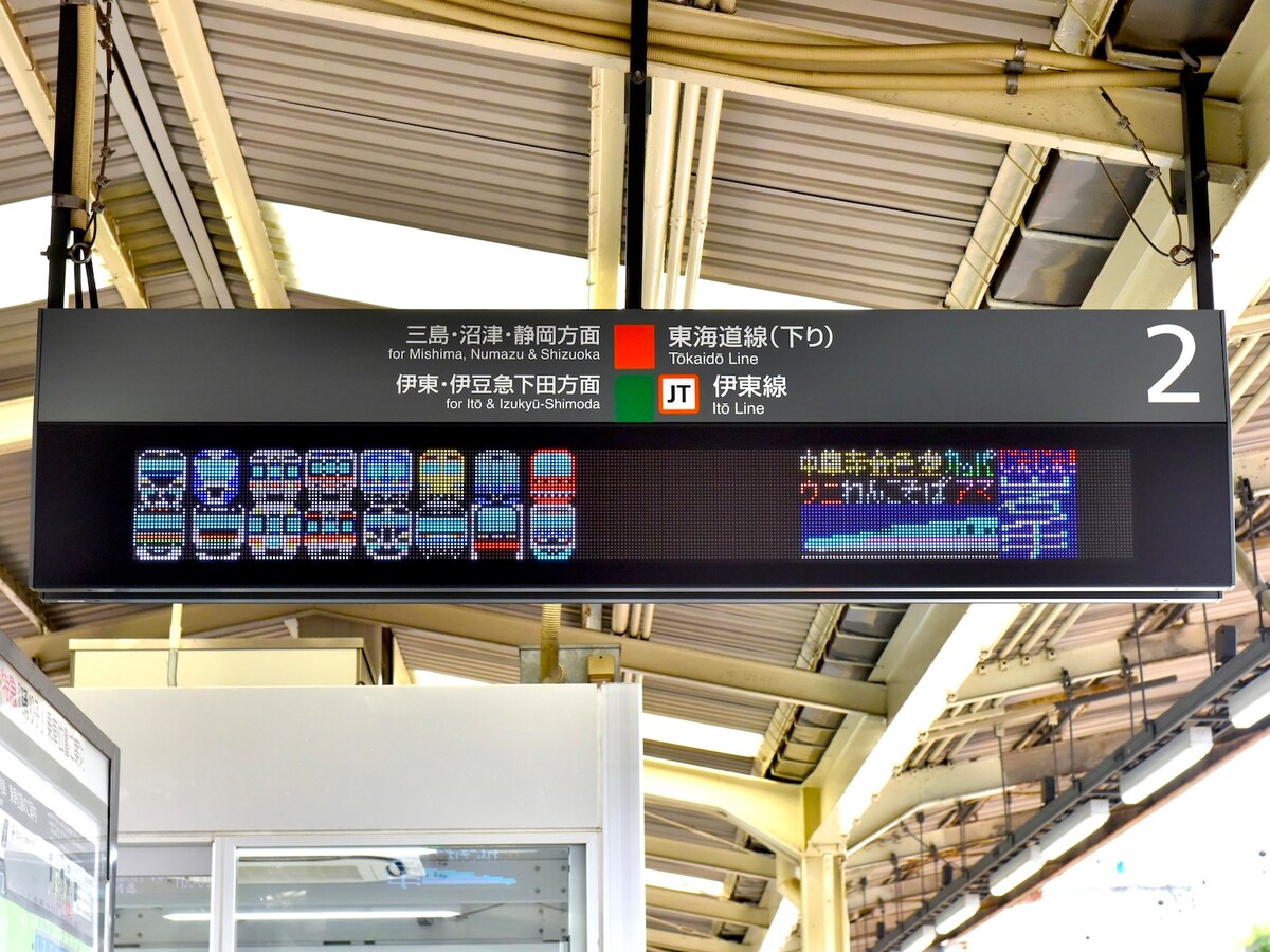 伊豆エリアで運行する鉄道4社のアイコンが描かれた発車標