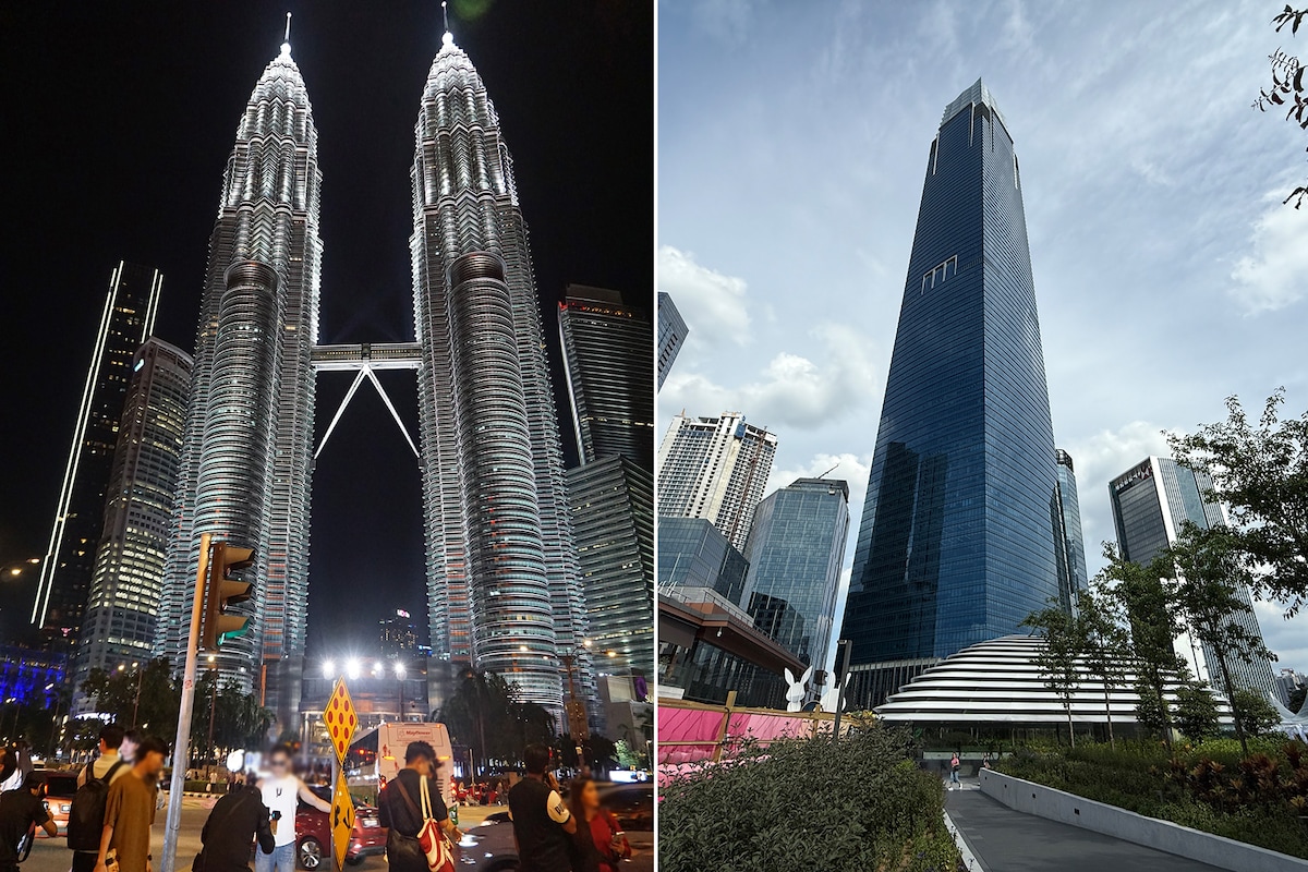 （左）ペトロナスツインタワーの夜景。足元には撮影サービスを行うカメラマンがいる／（右）新商業施設「The Exchange TRX」