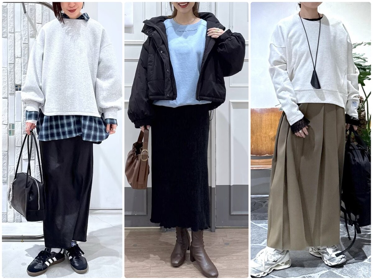  今から春まで着たいスウェットを、スカートと合わせたおしゃれコーデのコツをご紹介します。