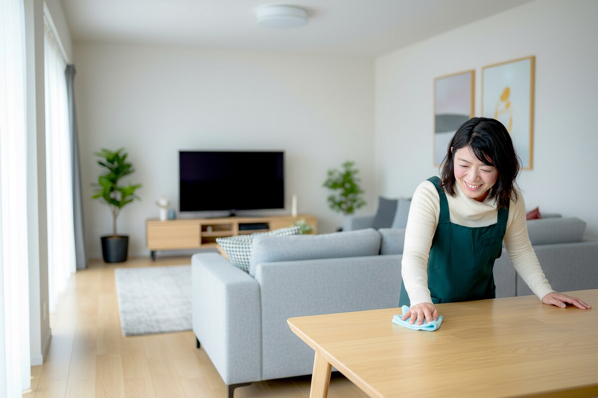 部屋の掃除をする主婦