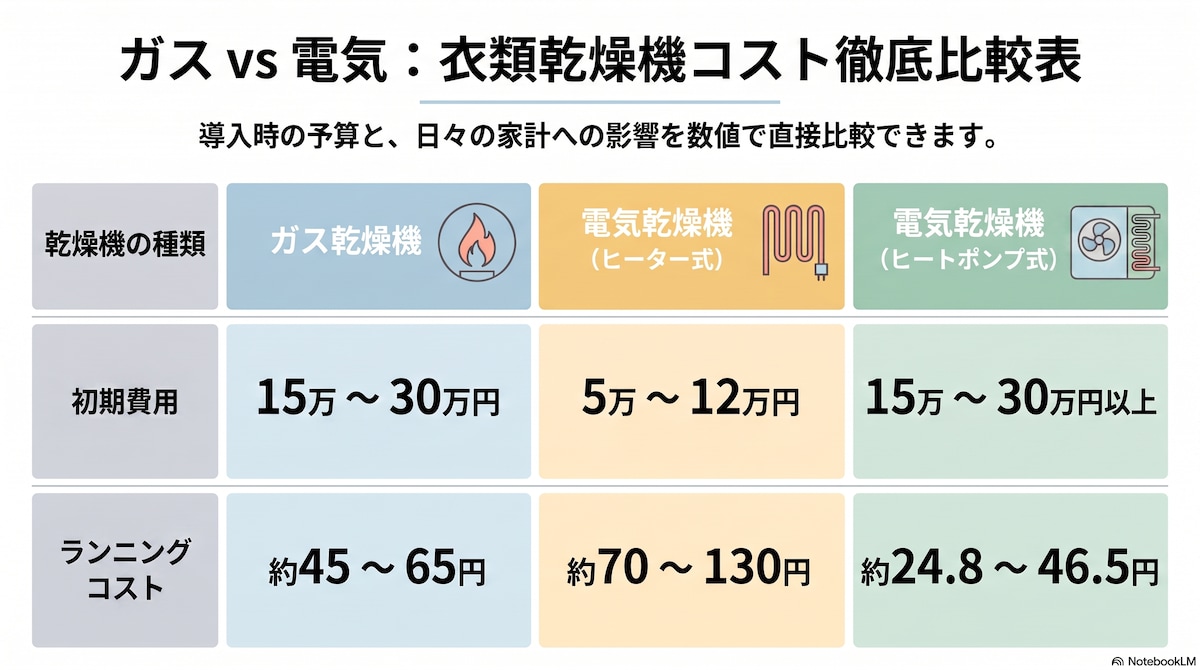 家計の味方はどっち？ 乾燥機コスト徹底比較表 ※画像：All About作成