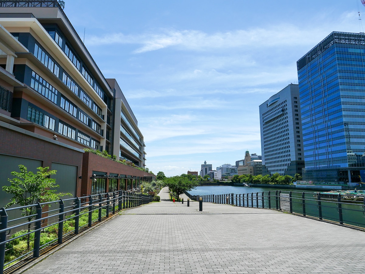 汽車道側から見た、よこはま新港合同庁舎南側水際線プロムナード（筆者撮影）