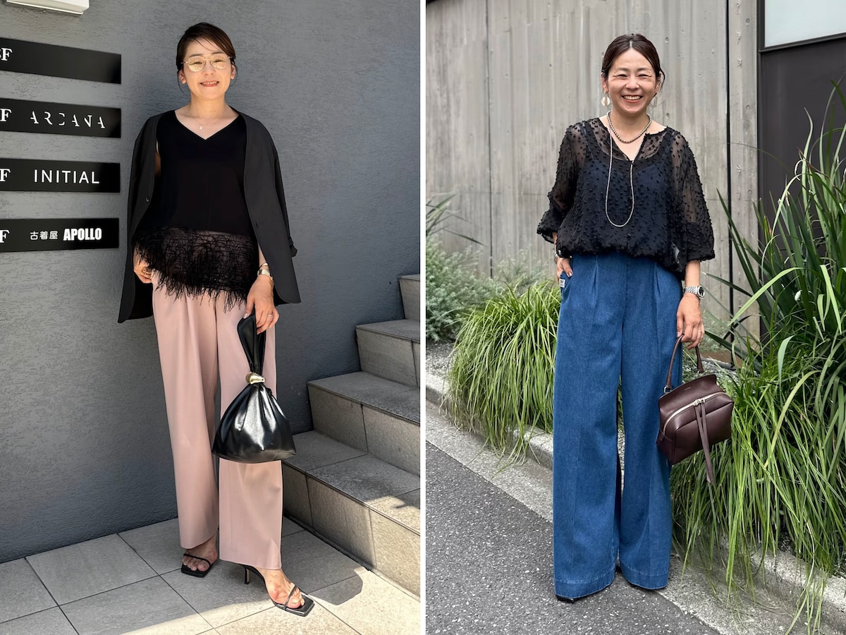 「透け感×毛足系素材」の黒トップスのカラーコーディネート