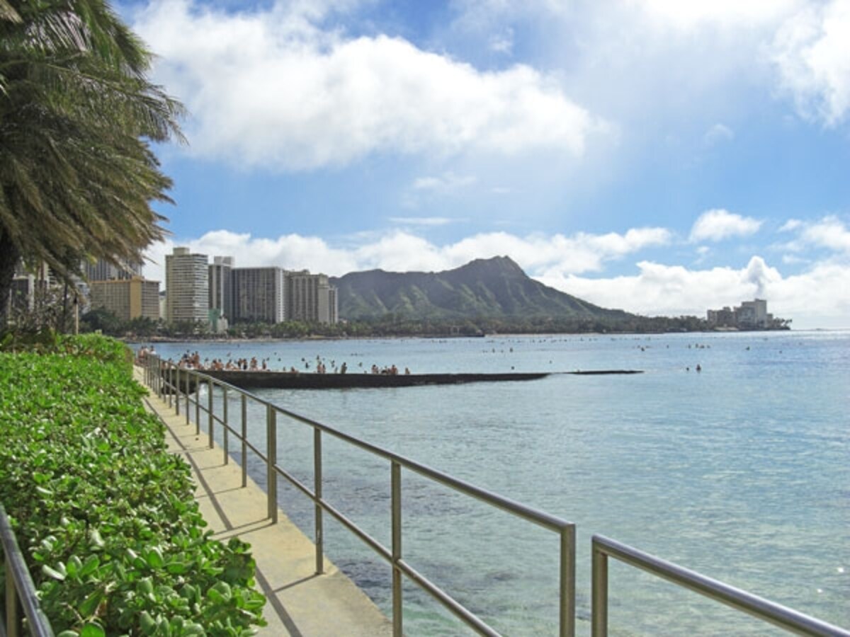 シェラトン・ワイキキ前の遊歩道。この辺りには、しばしばウミガメがやってくるため、シェラトンの客室はウミガメのウォッチングスポットとしても有名