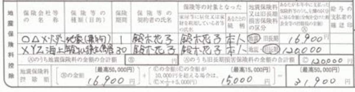 地震保険料控除の記入例：地震保険料控除と経過措置併用