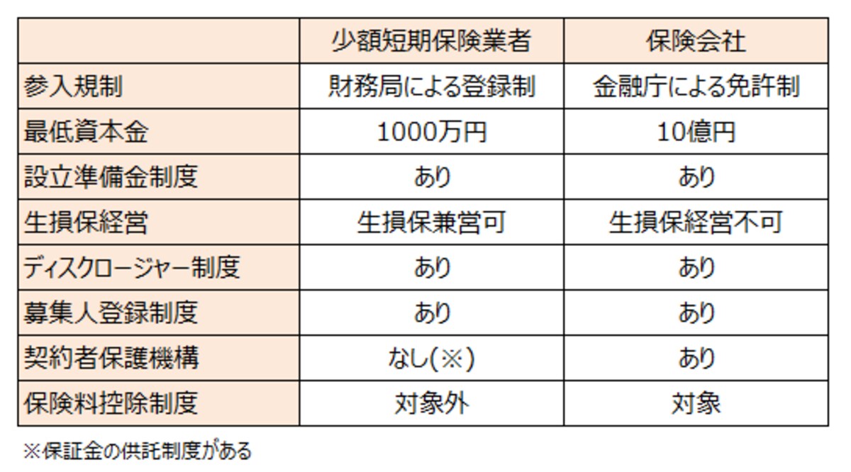 少額短期保険と保険会社の主な違い