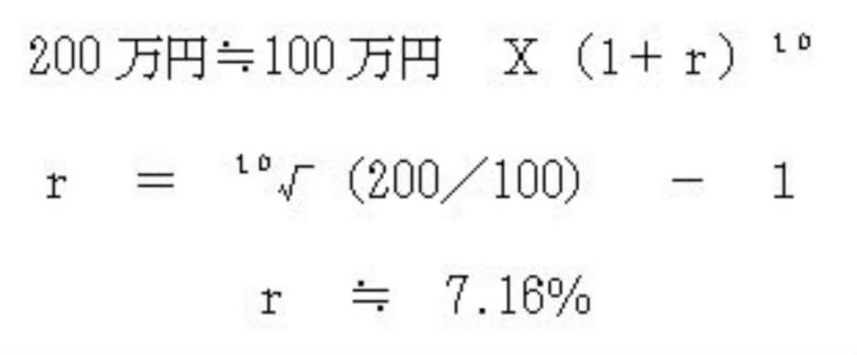 小さい10は運用期間の10年を意味する。複利運用では将来価値は10倍ではなくて10乗になり、収益率は10乗根から1を引いた数字となる。