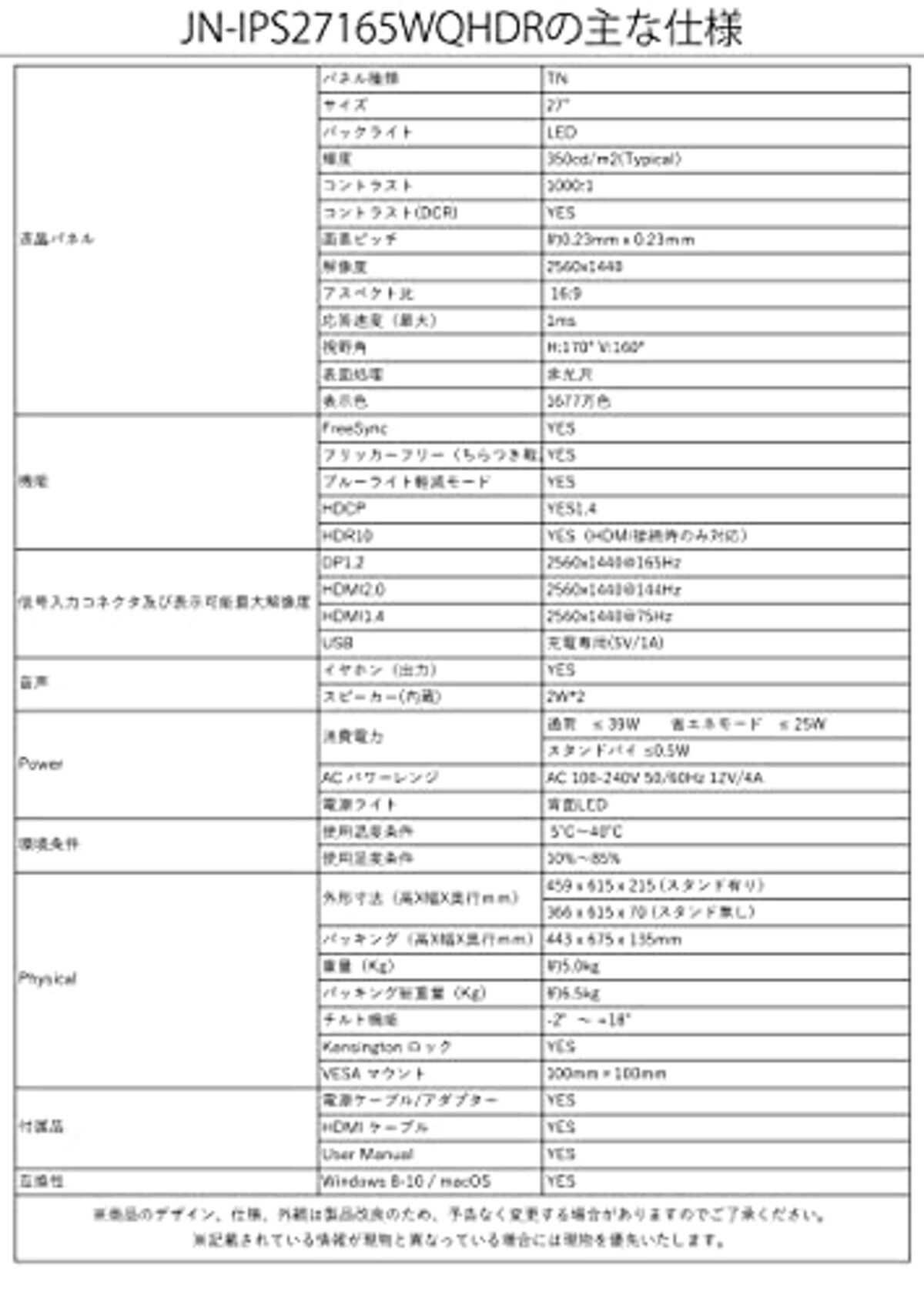  JAPANNEXT 27型WQHD搭載、165Hz対応ゲーミングモニター JN-T27165WQHDR 144Hz / 120Hz画像9 