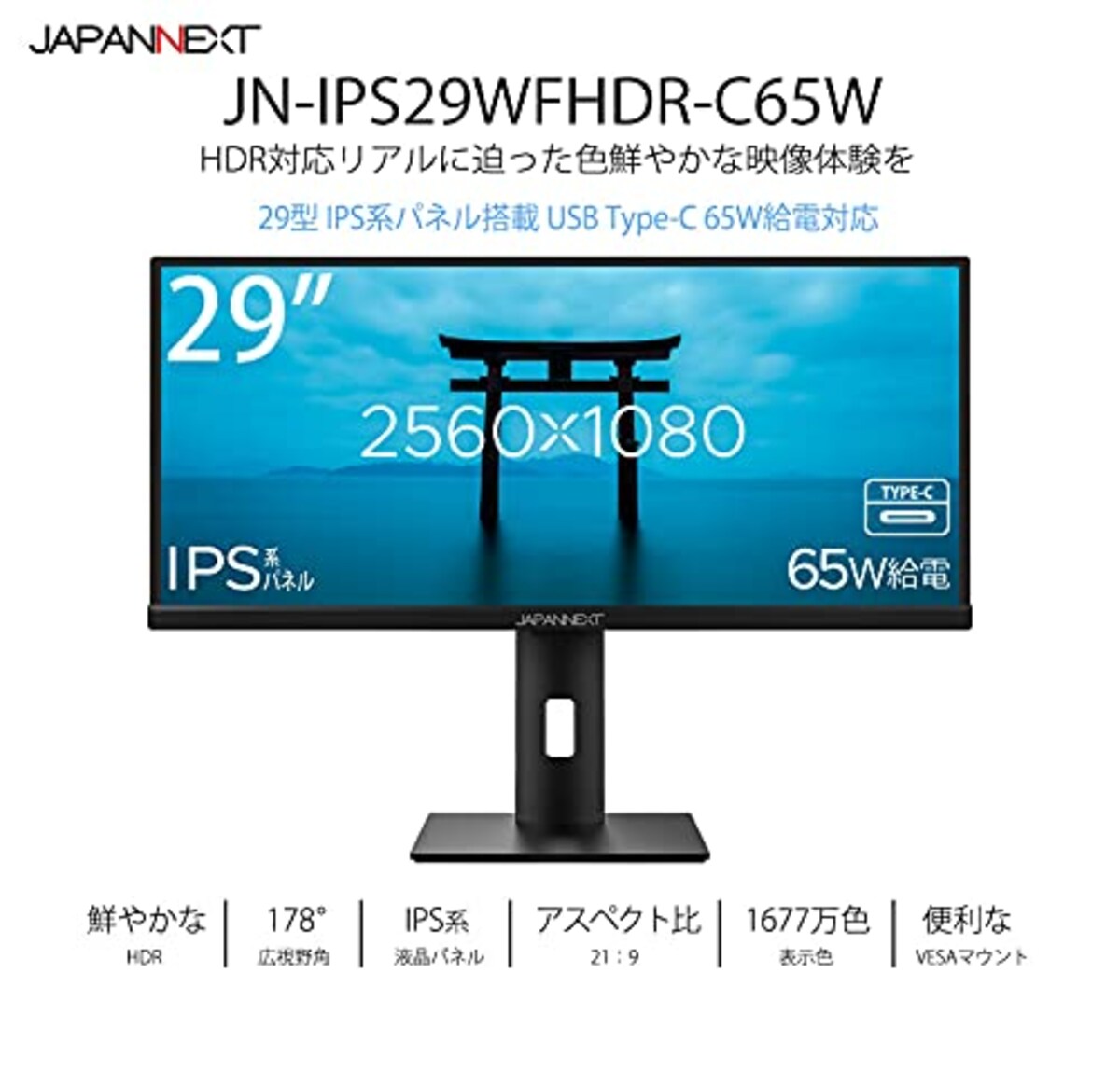  JAPANNEXT 29インチ ワイドFHD(2560 x 1080) 液晶モニター JN-IPS29WFHDR-C65W HDMI DP USB Type-C KVM画像2 