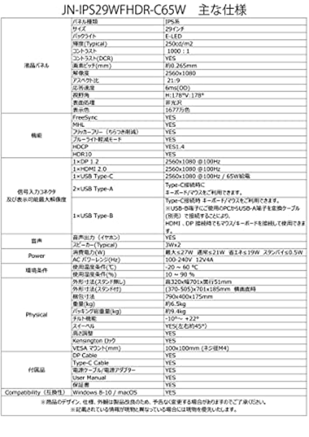  JAPANNEXT 29インチ ワイドFHD(2560 x 1080) 液晶モニター JN-IPS29WFHDR-C65W HDMI DP USB Type-C KVM画像9 