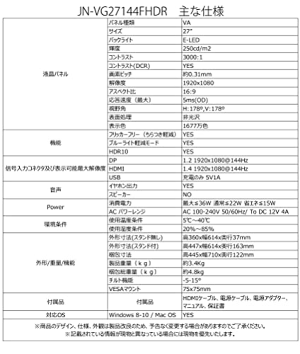  JAPANNEXT JN-VG27144FHDR [27インチ 144Hz HDR対応 フルHDゲーミングモニター]画像7 